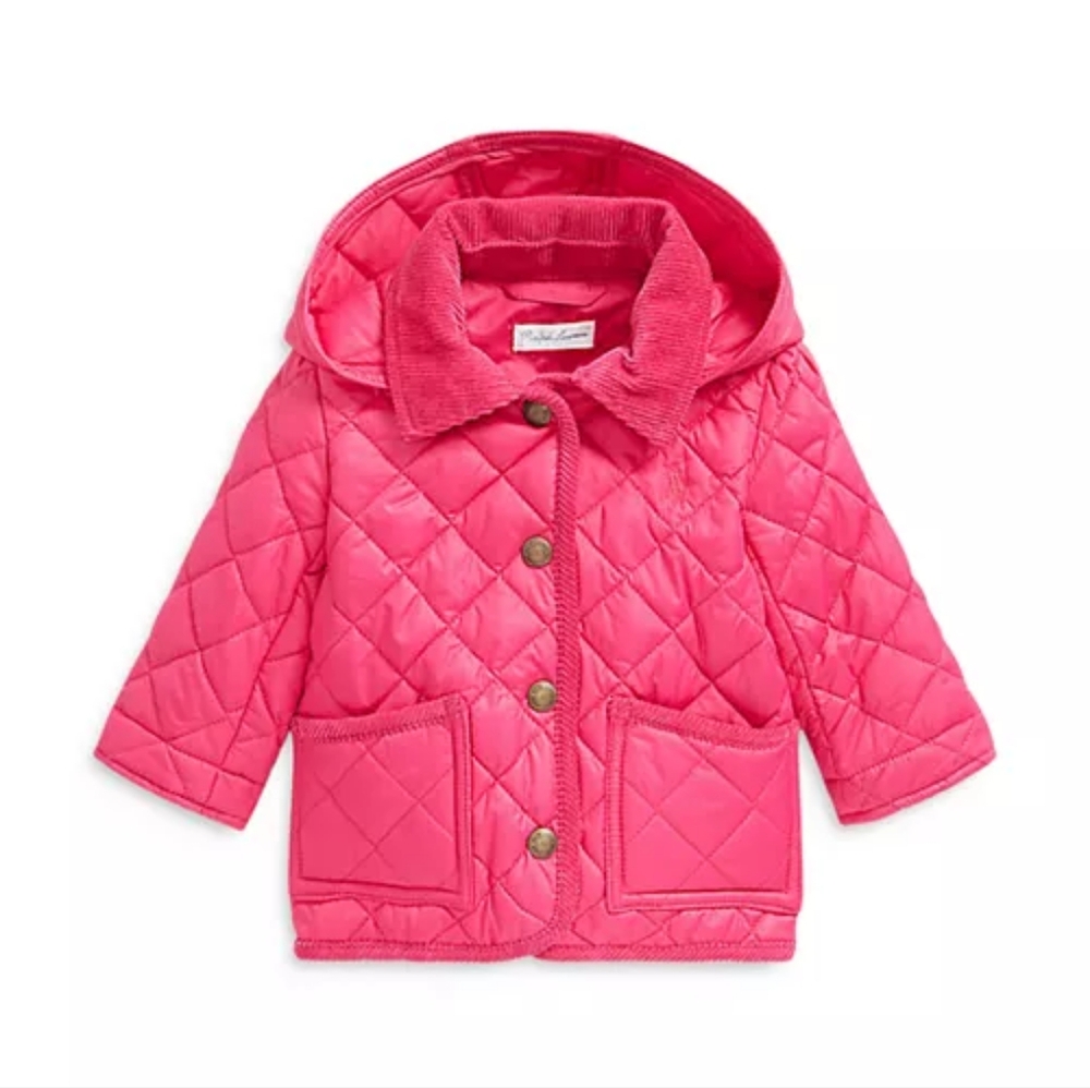 Ralph Lauren Girls Pink Quilted Hooded Barn Jacket 12m with navy trim